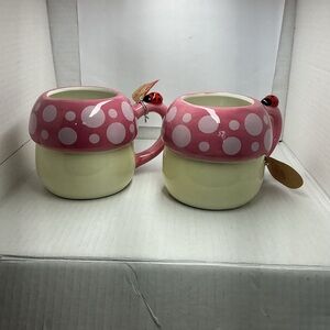 Whimsical Pink and Cream Mushroom Mug ladybug Set